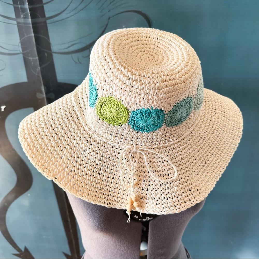 Vintage Straw Sun Hat with Teal and Lime Crochet Accents